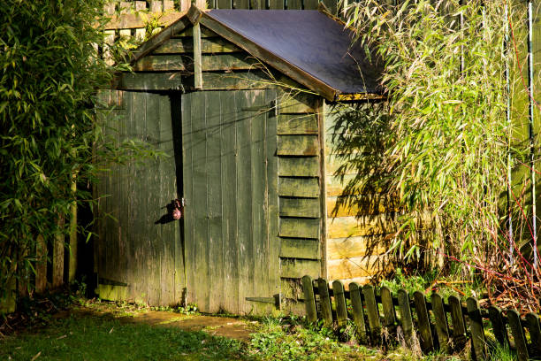 A rustic wooden fence adorned with a handmade birdhouse, located amidst blossoming bluebell flowers (Hyacinthoides non-scripta). Sunlight filters through lush greenery, enhancing the charm of this serene garden setting.