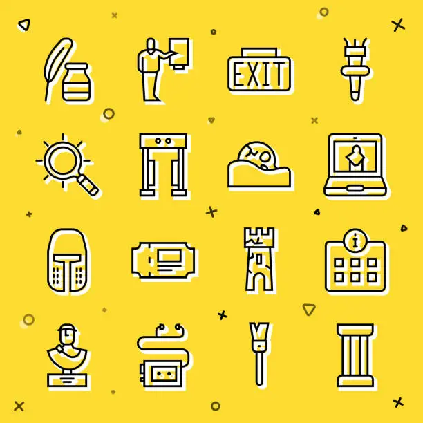 Vector illustration of Set line Ancient column, Information, Online museum, Exit sign, Metal detector, Magnifying glass, Feather and inkwell and Human skull icon. Vector