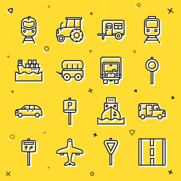 Vector illustration of Set line Road, Minibus, traffic signpost, Rv Camping trailer, Wild west covered wagon, Cargo ship with boxes, Train and railway and Delivery cargo truck icon. Vector