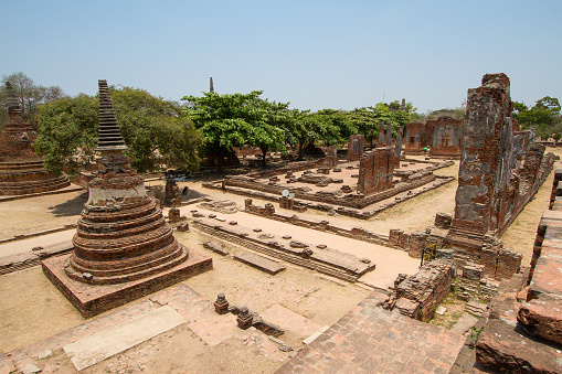Remains of the old temple town Ayutthaya near Bangkok in Thailand, nowadays a tourist attraction