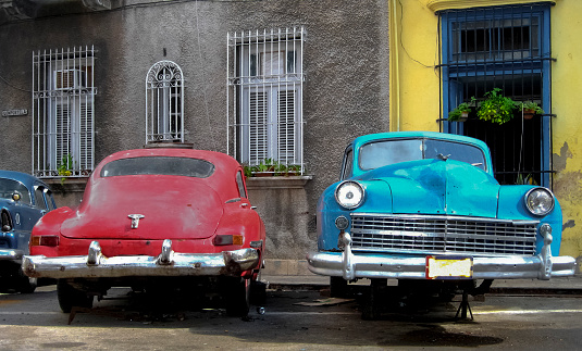 Havana, Cuba - October 31, 2011: Stationary vintage classic american  cars in Havana, Cuba