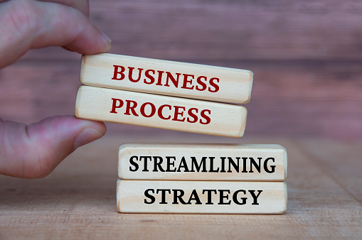Business process and streamlining strategy text on wooden blocks. Business culture and Operational excellence concept.