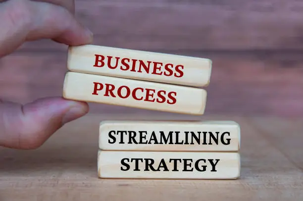 Photo of Business process and streamlining strategy text on wooden blocks. Business culture and Operational excellence concept