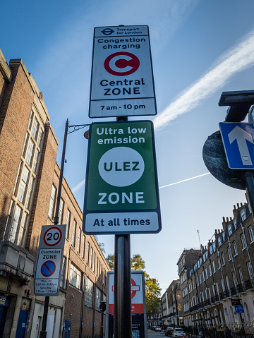 London. UK- 12.01.2020. The street sign for the London Congestion Charge and Ultra Low Emission Zone.