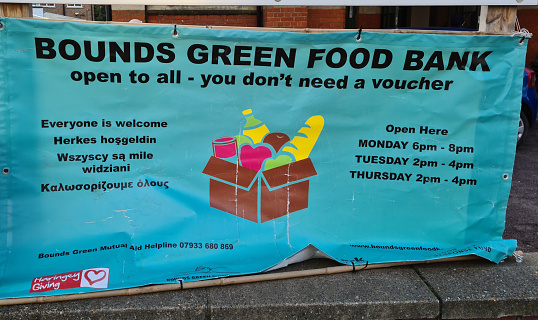 London. UK- 12.24.2020. A banner with information of a food bank.