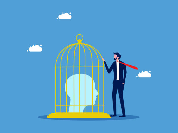istock Control the thoughts in the human head. Businessman locks a human head in a birdcage. Business concept 1482595978