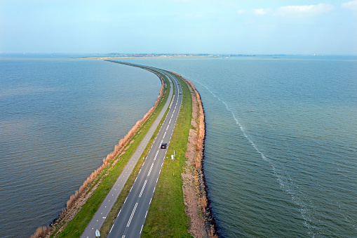 Aerial from the dyke to Marken at the IJsselmeer in the Netherlands