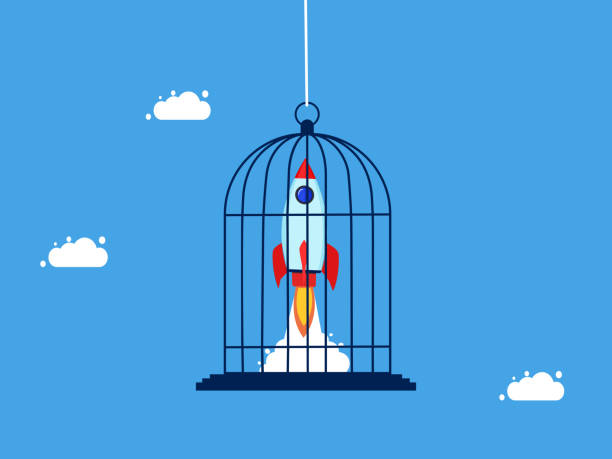 istock Innovation control. The rocket is stuck in a birdcage. concept of business 1482599483