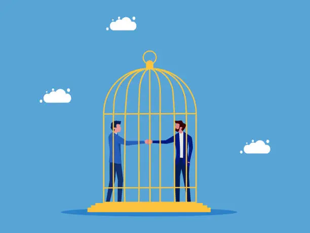 Vector illustration of Negotiation trap or deception. Businessmen shaking hands making a deal in a cage