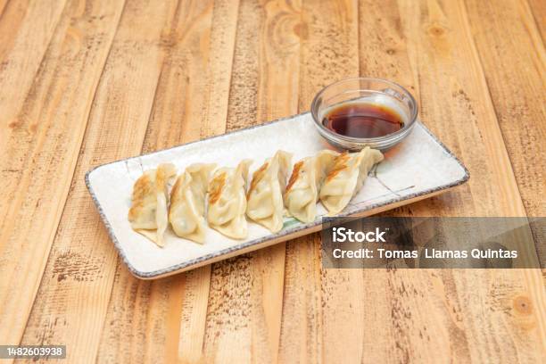 Popular Plate Of Asian Dumplings Fried Grilled Gyozas Stock Photo - Download Image Now