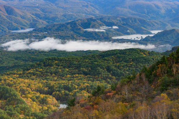 The area around Mt. Bandai is attractive for its dynamic landscape of land created by volcanoes, and for its rich variety of beautiful landscapes interwoven with large and small lakes and forests.
