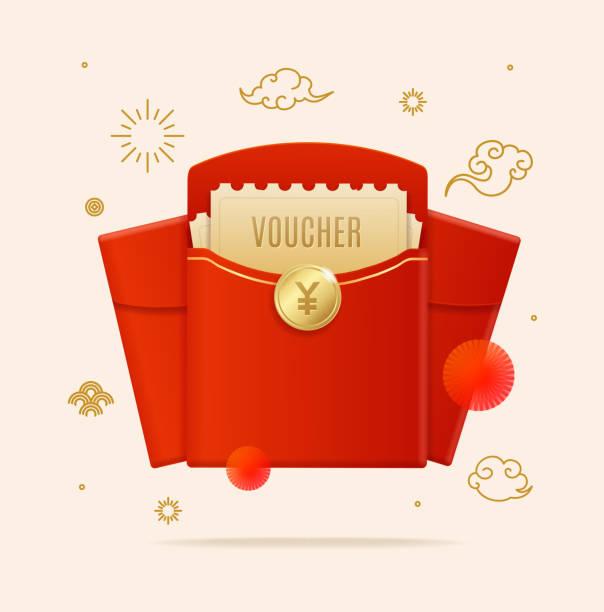 Realistic Detailed 3d Chinese Red Packet or Envelope Concept. Vector Realistic Detailed 3d Chinese Red Packet or Envelope Concept Present Money and Monetary Value Voucher with Decor Elements. Vector illustration wish yuan stock illustrations
