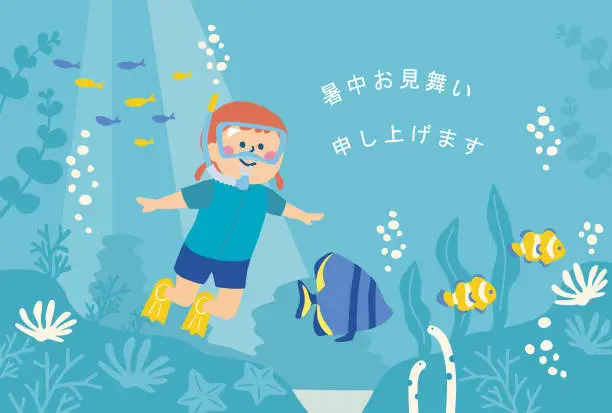 Vector illustration of Summer greeting card , Japanese translation is 