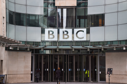 London, United Kingdom - March 11 2023. Exterior view of Broadcasting House, the BBC headquarters in Central London.