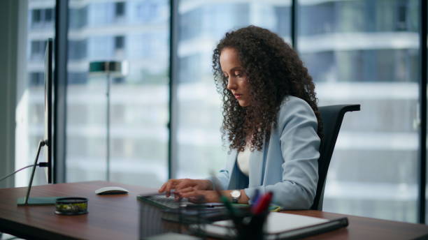 istock Serious manager typing keyboard at desk closeup. Ceo reading information on pc 1482609124
