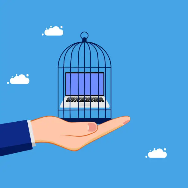 Vector illustration of Task control. Confine or lock the laptop in the birdcage. business and investment concept