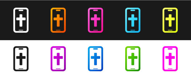 ilustrações de stock, clip art, desenhos animados e ícones de set christian cross on mobile phone icon isolated on black and white background. church cross. vector - religious icon telephone symbol mobile phone