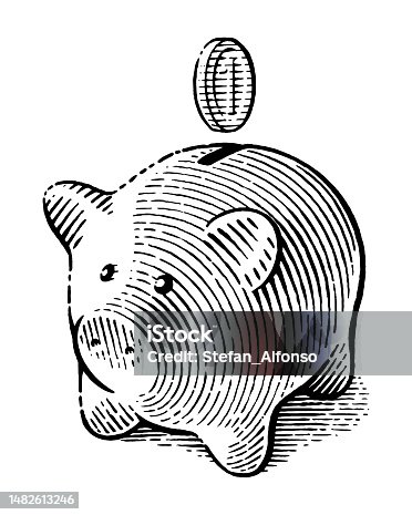 istock Vector drawing of a piggy bank and a coin over it 1482613246