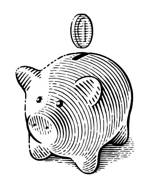 Vector illustration of Vector drawing of a piggy bank and a coin over it