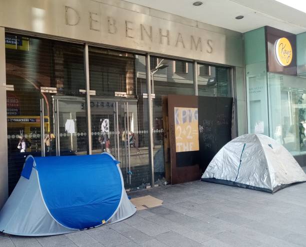 Homeless tents 14th April 2023, Dublin, Ireland. Homeless persons' tents outside the now closed down Debenhams department store on Henry Street, Dublin city centre. coalition building stock pictures, royalty-free photos & images