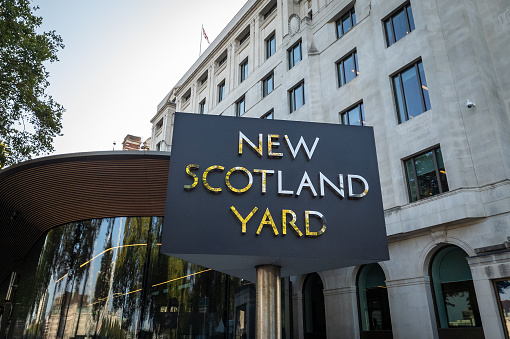 London. UK- 09.16.2020. The New Scotland Yard name sign outside the headquarter of the Metropolitan Police.