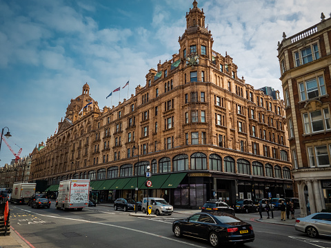 London. UK- 09.11.2020. A street view of the famous luxury department store Harrods.