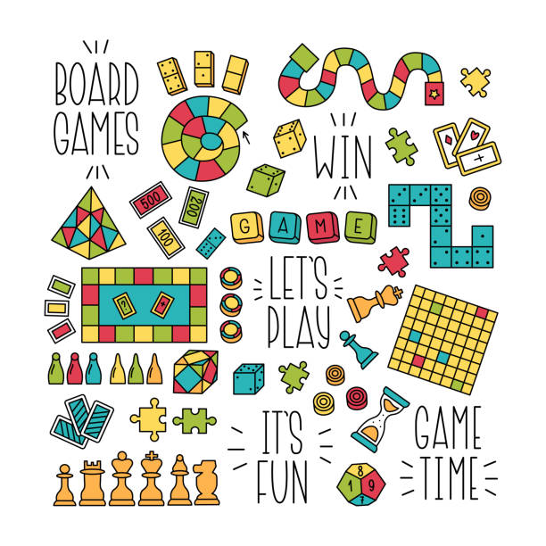 настольные игры для всей семьи. красочная векторная иллюстрация различных игр. - board game leisure games chess dice stock illustrations
