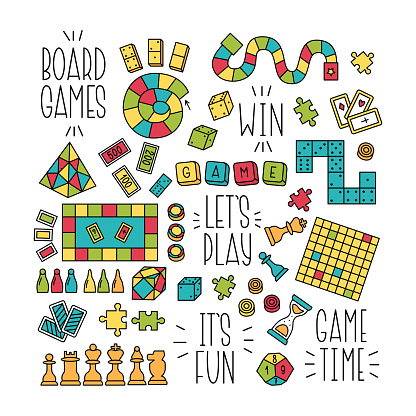 Board Games for Whole Family Collection. Colorful Vector Doodle Illustration of different Games. Home Entertainment and Hobby Design Elements.