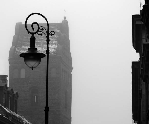 Black and White City Fog with Old Streep Lamp