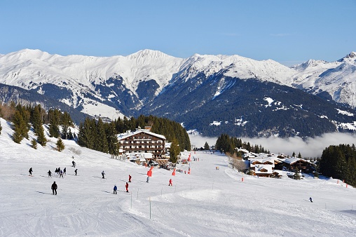 Winter scenery of Courchevel ski resort, French alps, France.