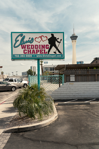 LAS VEGAS, NEVADA - April 16, 2023: Wedding Chapel sign in Las Vegas, Nevada