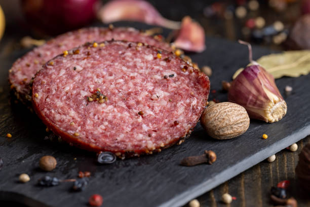 Sliced salami using pork meat with spices