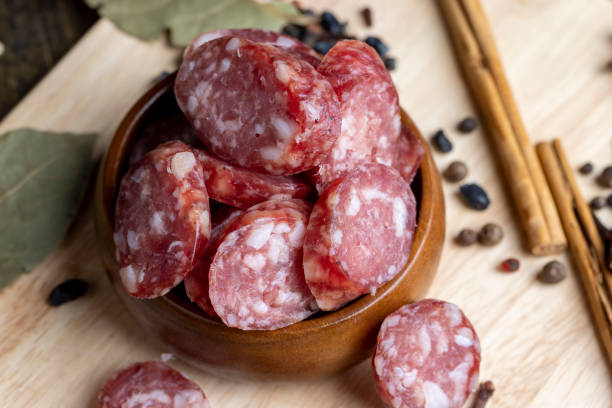istock Dried pork sausage during slicing 1482619217