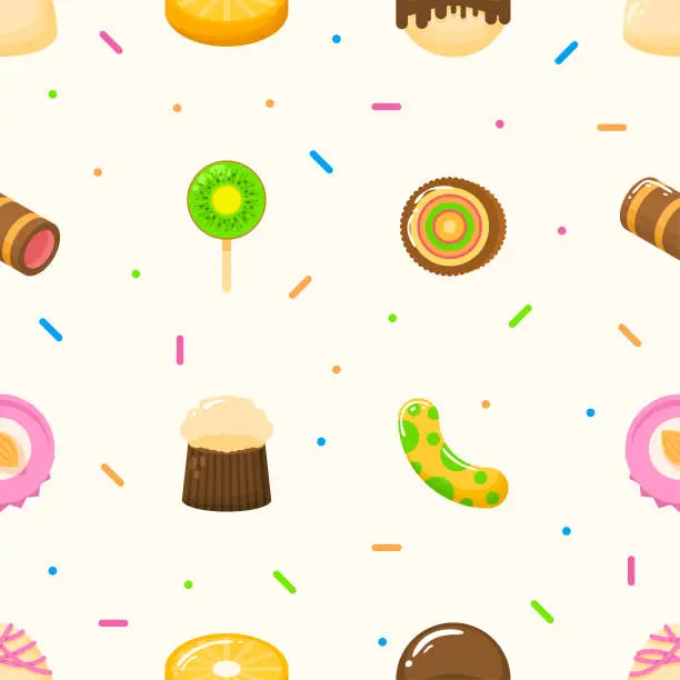 Vector illustration of Seamless Pattern Abstract Elements Different Sweets Food Lollipops Candy Vector Design Style Background Illustration Texture For Prints Textiles, Clothing, Gift Wrap, Wallpaper, Pastel