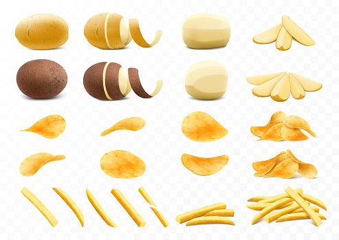 Set of potato, raw sliced potatoes, french fries, chips. Potatoes vegetable products, chopped, unpeeled and peeled potatoes. Half Peeled Potato with twisted peel. Realistic 3d vector illustration.