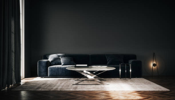 istock Modern interior design of living room. Black sofa and empty mockup wall background. 1482621767