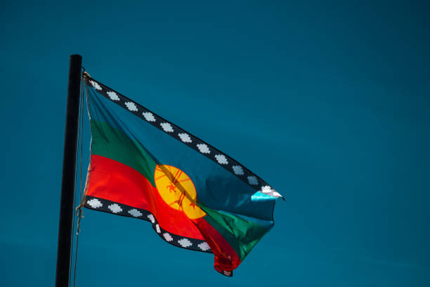 istock Flag of the original Mapuche people in blue sky. 1482621789