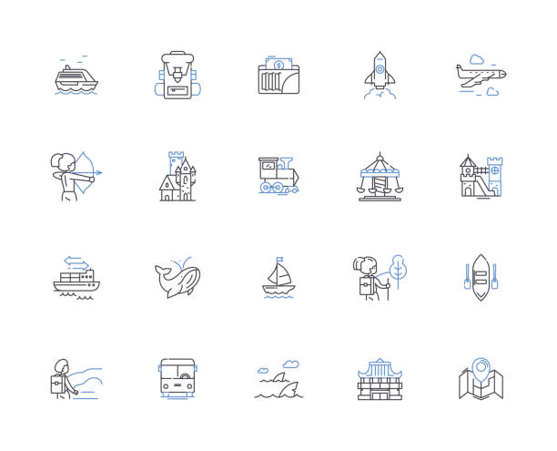 ilustrações de stock, clip art, desenhos animados e ícones de traveling people outline icons collection. travellers, voyagers, roamers, explorers, adventurers, wanderers, journeyers vector and illustration concept set. globetrotters,vagabonds,backpackers linear signs - voyagers