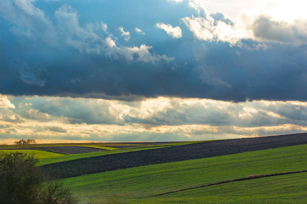 terras agrícolas em um dia claro, nuvens escuras sobre os campos - storm corn rain field - fotografias e filmes do acervo