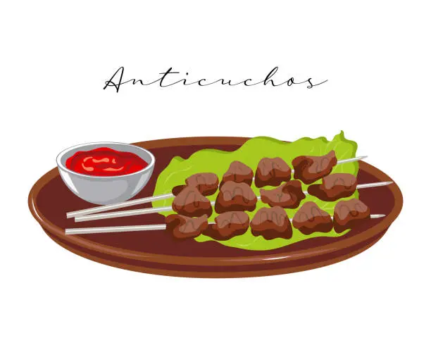 Vector illustration of Beef skewers and tomato sauce, Anticuchos, Latin American cuisine. National cuisine of Peru.