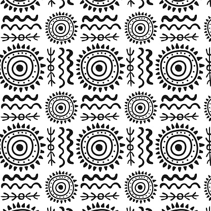 Sign of sun. Primitive ethnic ornament, petroglyph. Seamless pattern. Ancient patterns. Stone age. Drawings of ancient tribe. For print, textiles, fabrics. Vector illustration