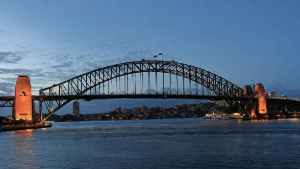 istock Sydney Harbour Bridge-arch and pylons-viewed from the Opera House at twilight under floodlight. NSW-Australia-585 1482625327