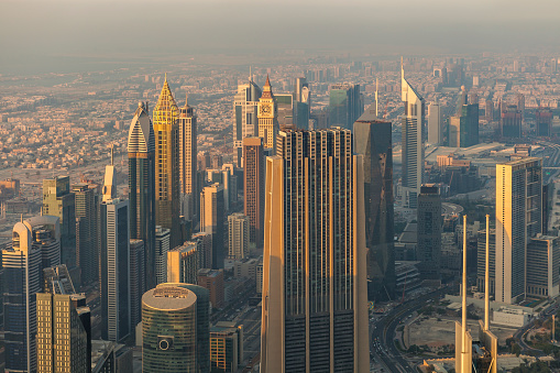 sheik zayed road from above, dubai city, united arab emirates.
