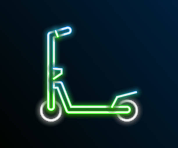 illustrazioni stock, clip art, cartoni animati e icone di tendenza di linea neon incandescente scooter a rotelle per bambini icona isolato su sfondo nero. kick scooter o balance bike. concetto di contorno colorato. vettore - motorcycle motor scooter silhouette off road vehicle