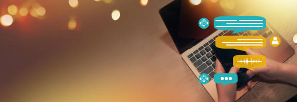 istock Chat bot service and future marketing concept Customer using online service with chat bot, virtual assistant. Banner. Copy space. 1482630260