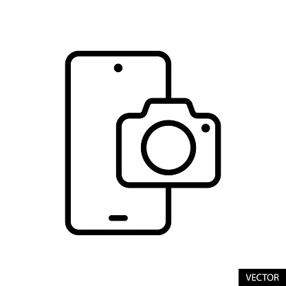 Smartphone and digital camera, mobile phone photography concept vector icon in line style design for website, app, UI, isolated on white background. Editable stroke. EPS 10 vector illustration.