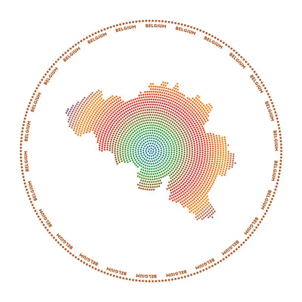 Vector illustration of Belgium round logo. Digital style shape of Belgium in dotted circle with country name. Tech icon of the country with gradiented dots. Stylish vector illustration.