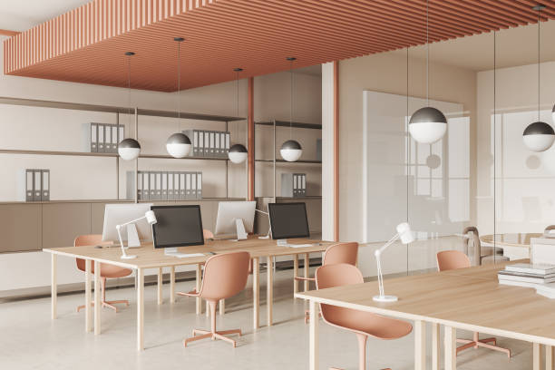 istock Beige and brown open space office with folders 1482634792