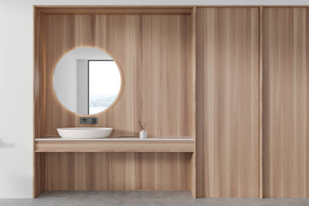 istock Light wooden bathroom interior with sink and mirror. Empty wall 1482634821