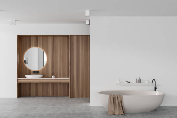 istock Modern bathroom interior with sink and mirror, tub with mockup wall 1482634996